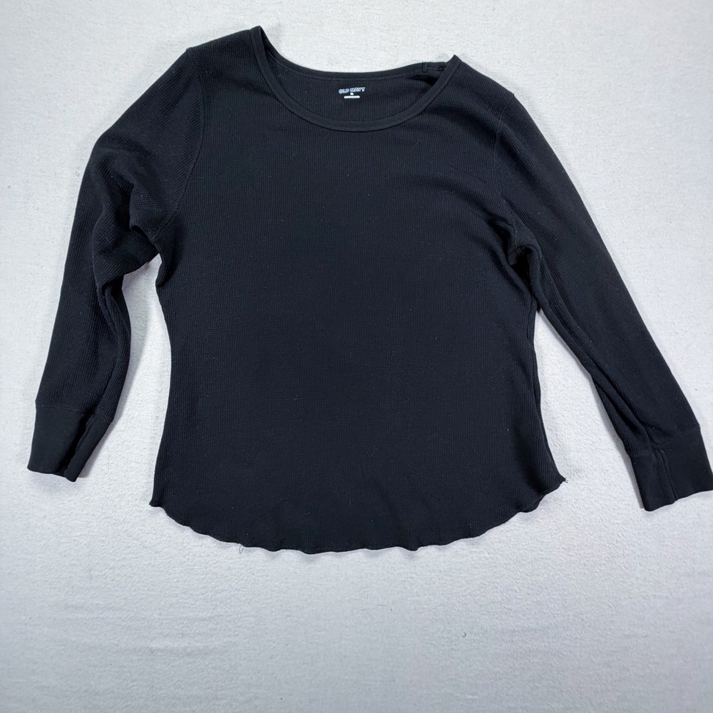 Old Navy Waffle Knit Thermal Top Womens XL Black Long Sleeve Curved Hem